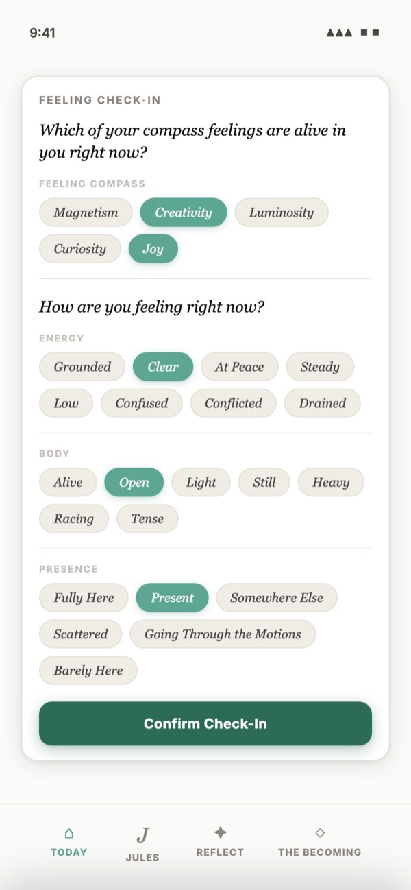 Feeling check-in: which of your Feeling Compass feelings are alive in you right now, and how you are overall.