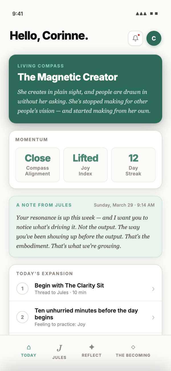 A personal note from Jules on Ascera’s Today page.