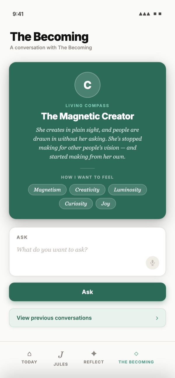 Ask The Becoming: The Magnetic Creator’s Living Compass and Feeling Compass, with a box to ask.