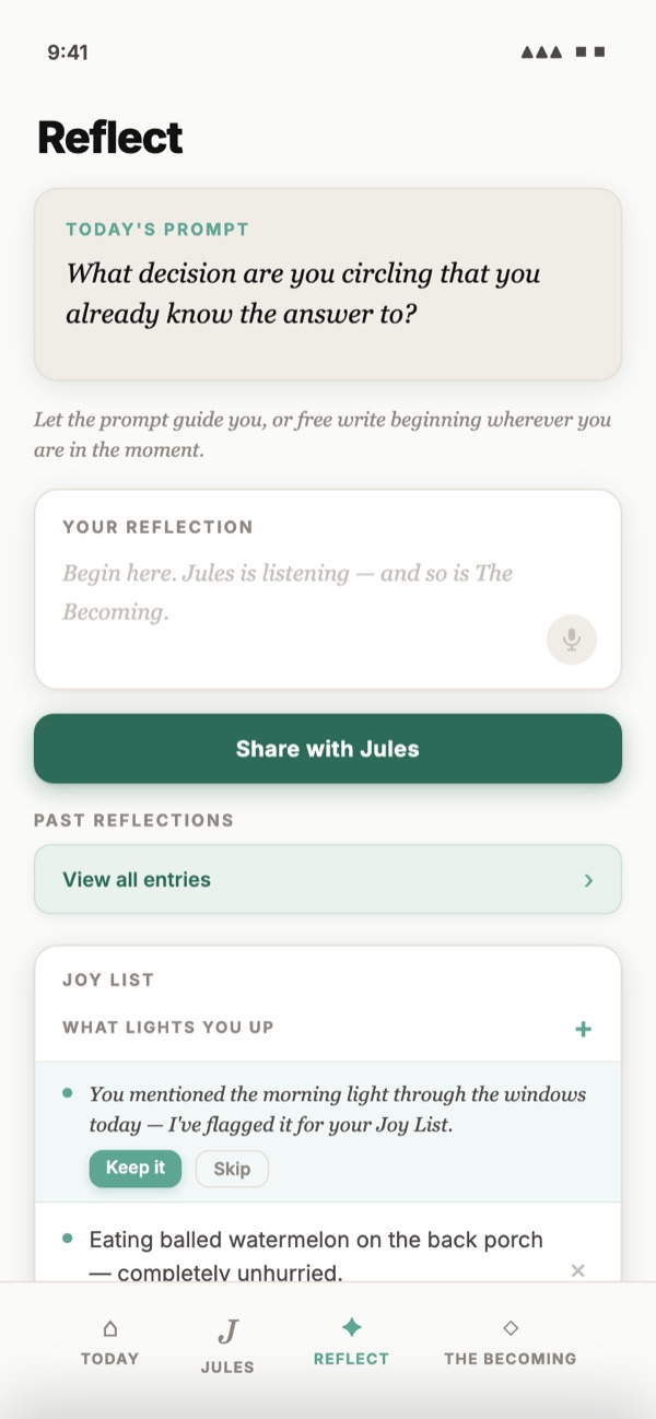 Reflect: today’s prompt, your reflection, typed or spoken, and Share with Jules.