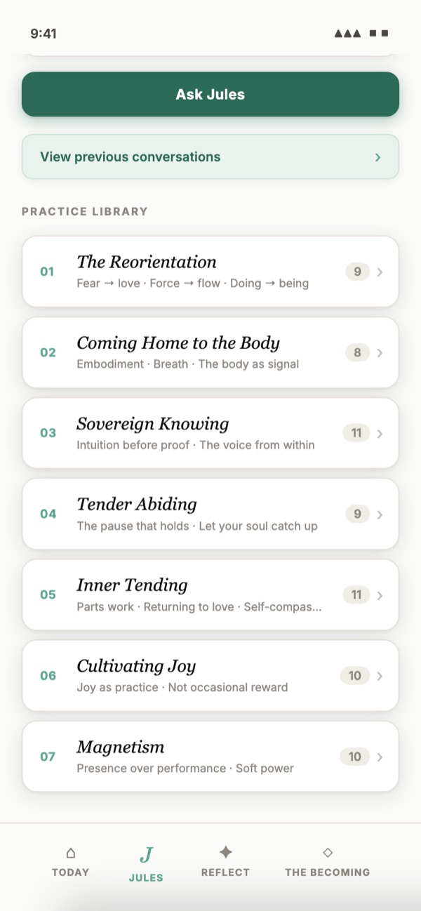 Ascera’s practice library, with short practices to choose and return to.