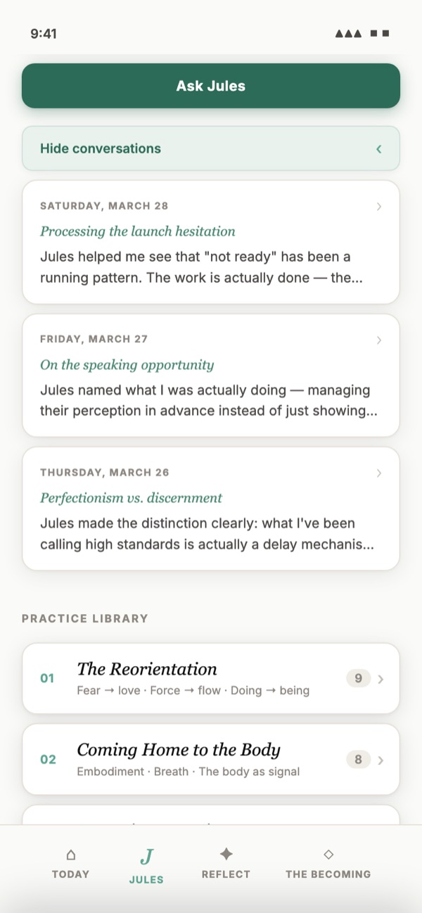 Previous conversations with Jules, each with its date, topic and a short summary.