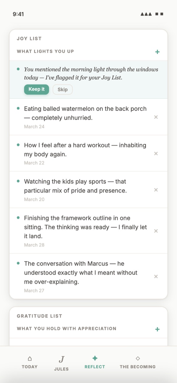 Your Joy List on the Reflect page, with a suggestion from your mentor to keep or skip, and your Gratitude List below.